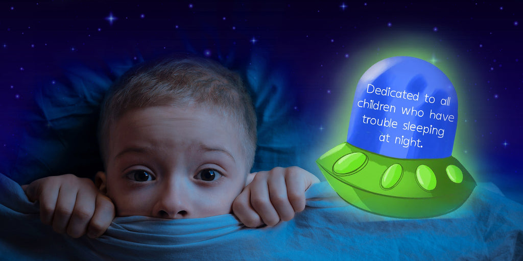 boy scared of the dark hiding under his blanket with only half of his face showing with small spaceship and text dedicated to all children who have trouble sleeping at night.